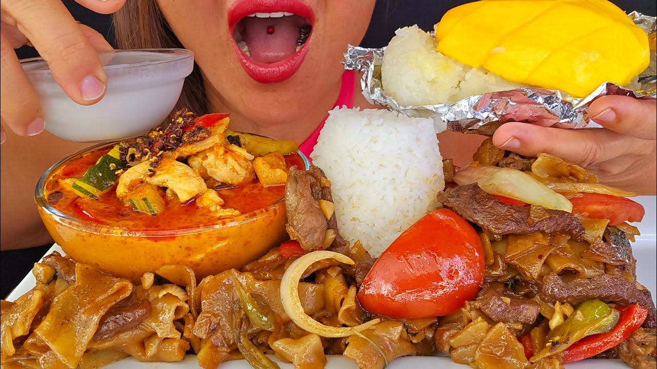 EATING THAI FOOD!  SWEET MANGO & STICKY RICE, CHICKEN RED CURRY & DRUNKEN NOODLES ASMR MUKBANG OMAD