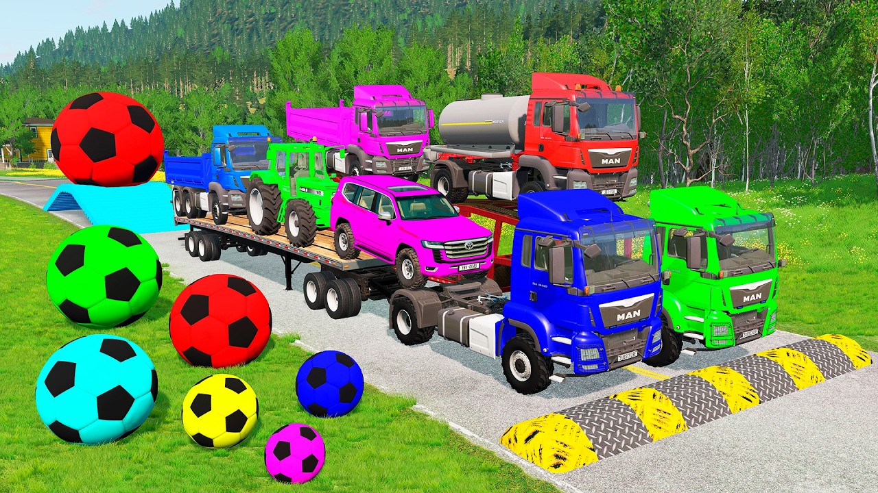 Flatbed Trailer McQueen Transportation with Truck - Speedbumps vs Cars vs Train - BeamNG.Drive #41