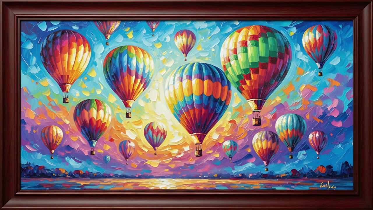 Hot Air Balloon Oil Painting | Dark Wood Frame TV Art | Magical Sky Adventure Screensaver 2 scenes