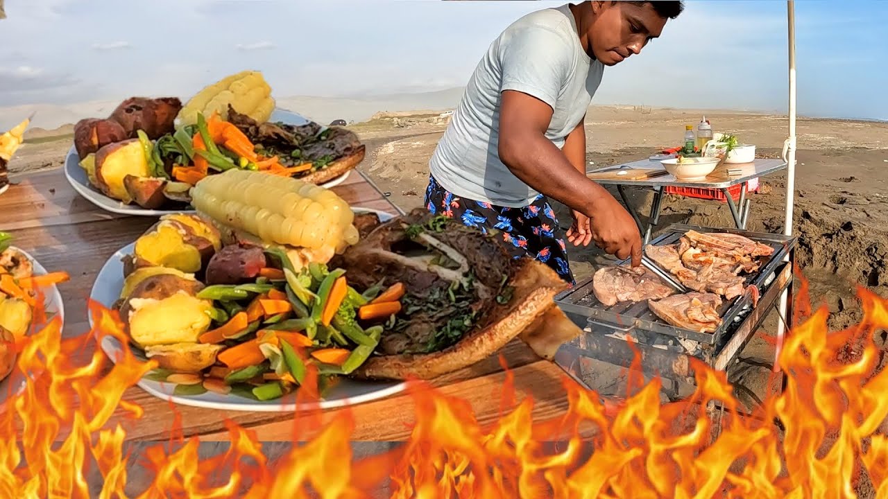 Fui a la Playa a preparar una rica Parrilla  chuleta de cerdo
