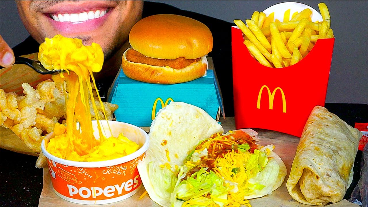 ASMR MCDONALD'S MAC & CHEESE TACO BELL BURRITO TACO FRIES MUKBANGS EATING SOUNDS AD