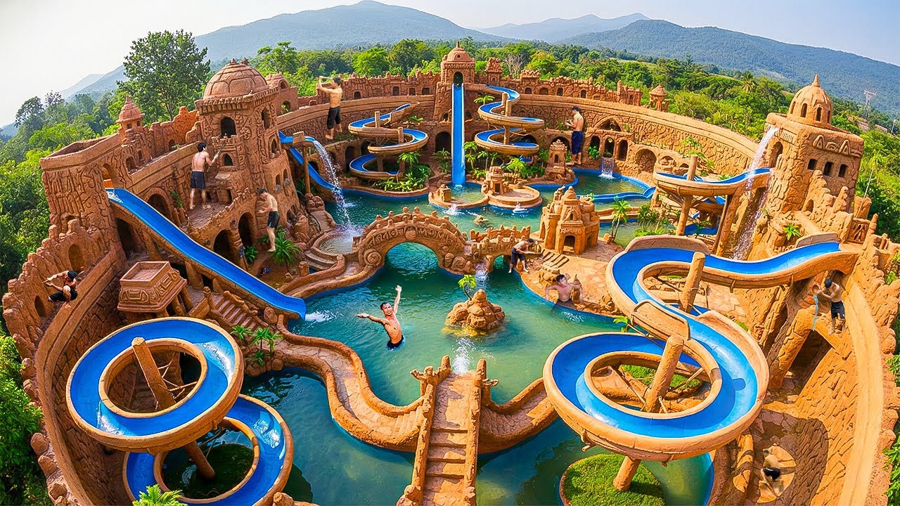 250 Days Building Carved Clay Waterpark with Slides & Multi-Level Pools on a Steep Seaside Hillside