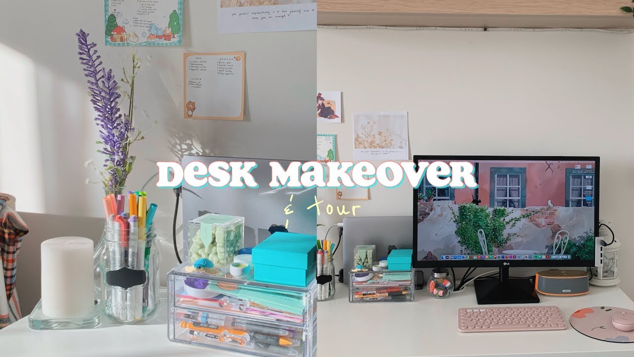 aesthetic desk makeover 🌷 redecorate with me + desk tour ✨