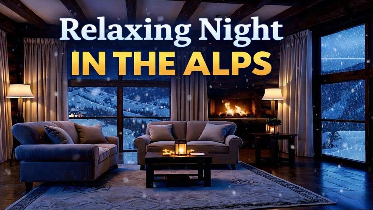 4K Relaxing Night in the Alps ❄️ Cozy Fireplace & Snowfall | 4K Ambient Winter Cabin