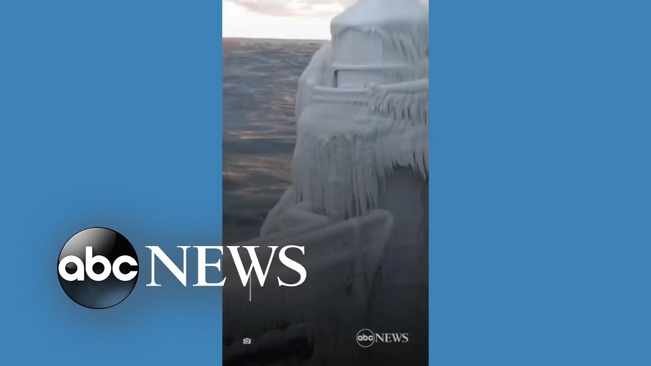 Drone footage shows frozen lighthouse in Saint Joseph, Michigan