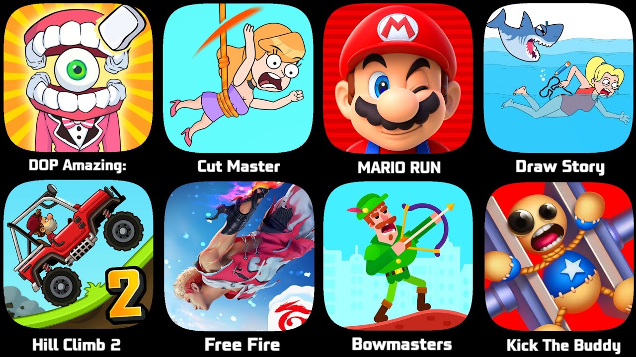 Help Me tricky Puzzle,DOP Story,Mario Run,draw Story,Hcr 2,Free Fire,Kick the Buddy,Bowmasters