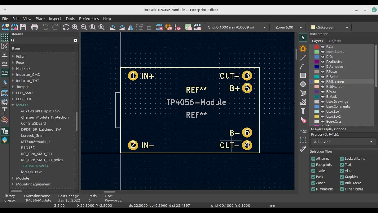 TP4056 MODULE KiCAD Custom Footprint