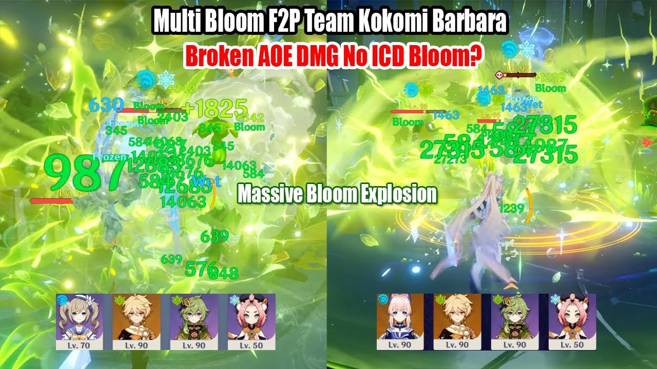 Kokomi Barbara Dendro Traveler Collei Multi Bloom Broken AOE DMG with F2P Team | No ICD?