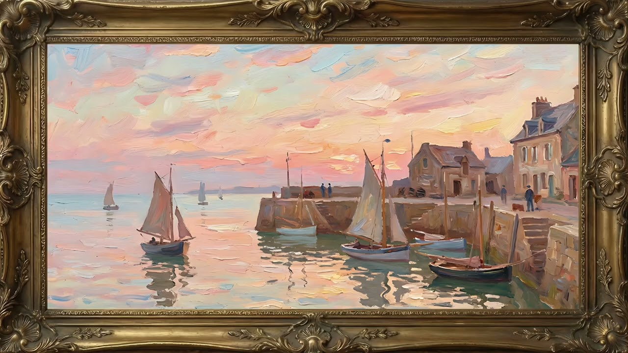 Pink Sunset Over Pier | Framed Impressionistic Oil Painting Art TV Background | Screensaver 2 Hours