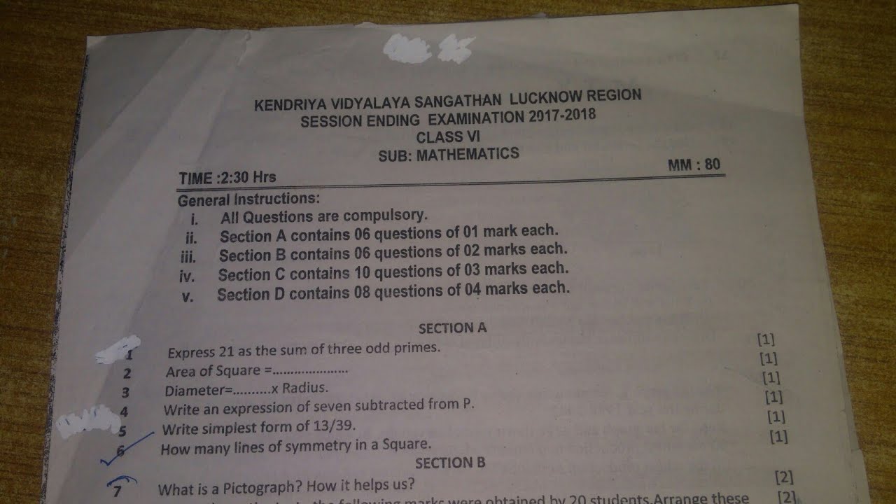 Class 6 Maths Session Ending Exam Question Paper 2019