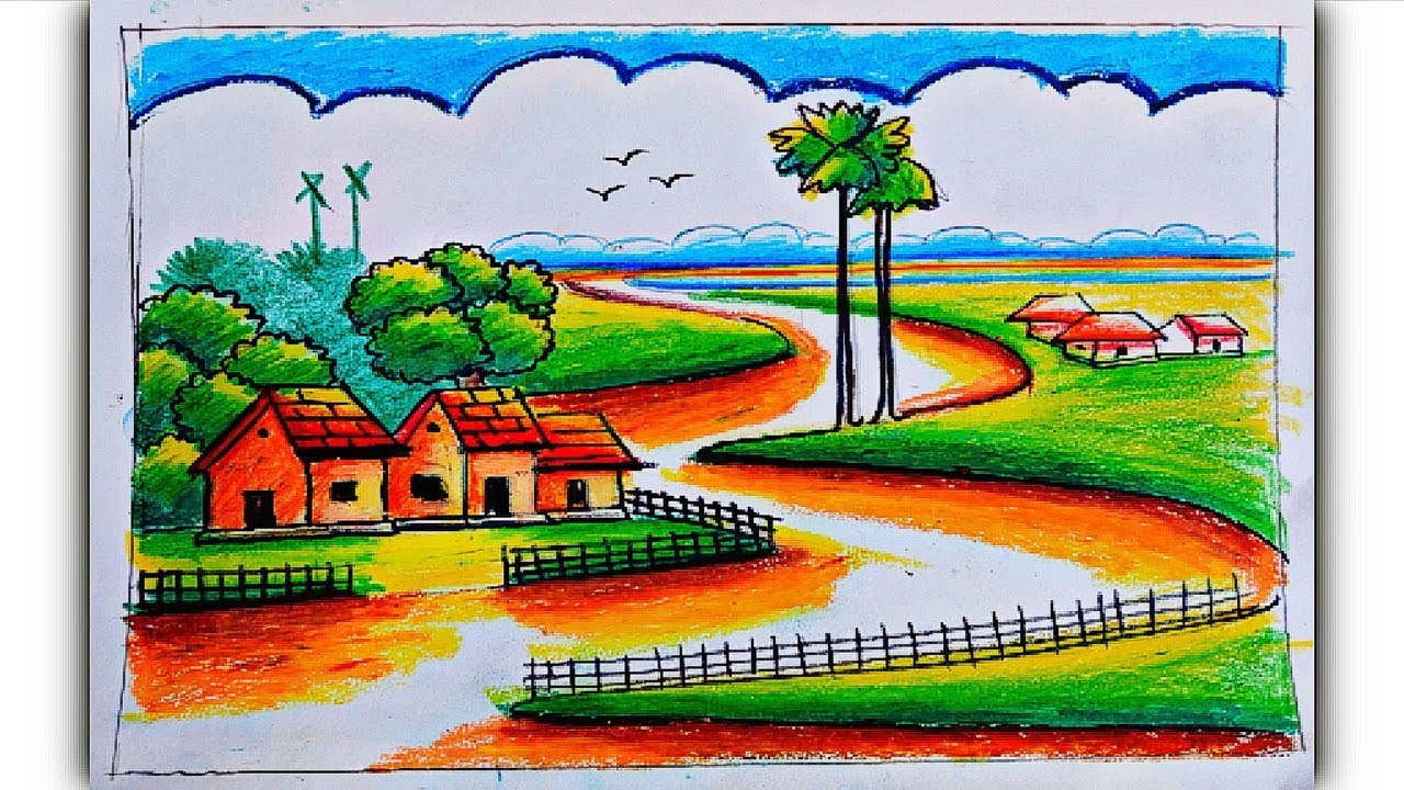 How to draw scenery with oil pastel/Easy scenery drawing step by step