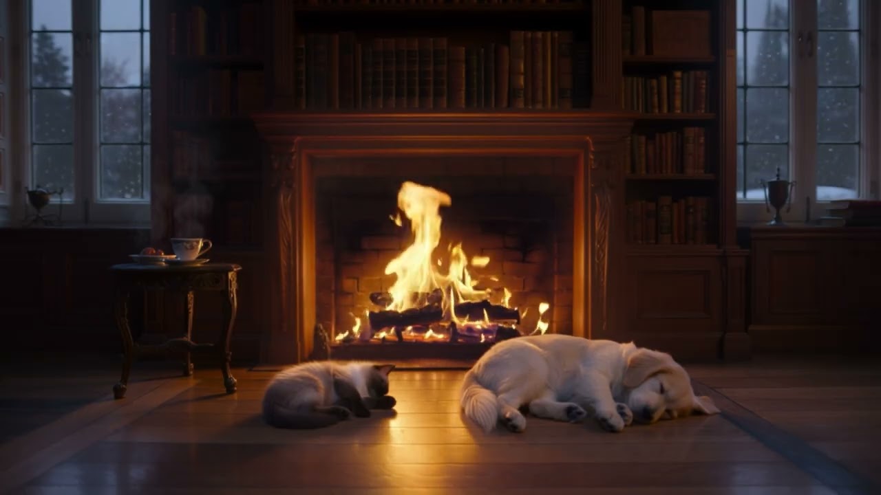 Cozy Winter Cabin Ambience: Cat & Dog Sleeping by Fireplace ❄️ Snow Vibes, Mellow and Relaxing