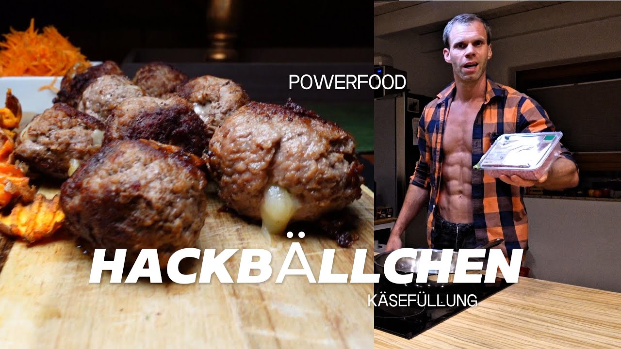 Powerfood Hackbällchen mit Käsefüllung und Süßkartoffelchips