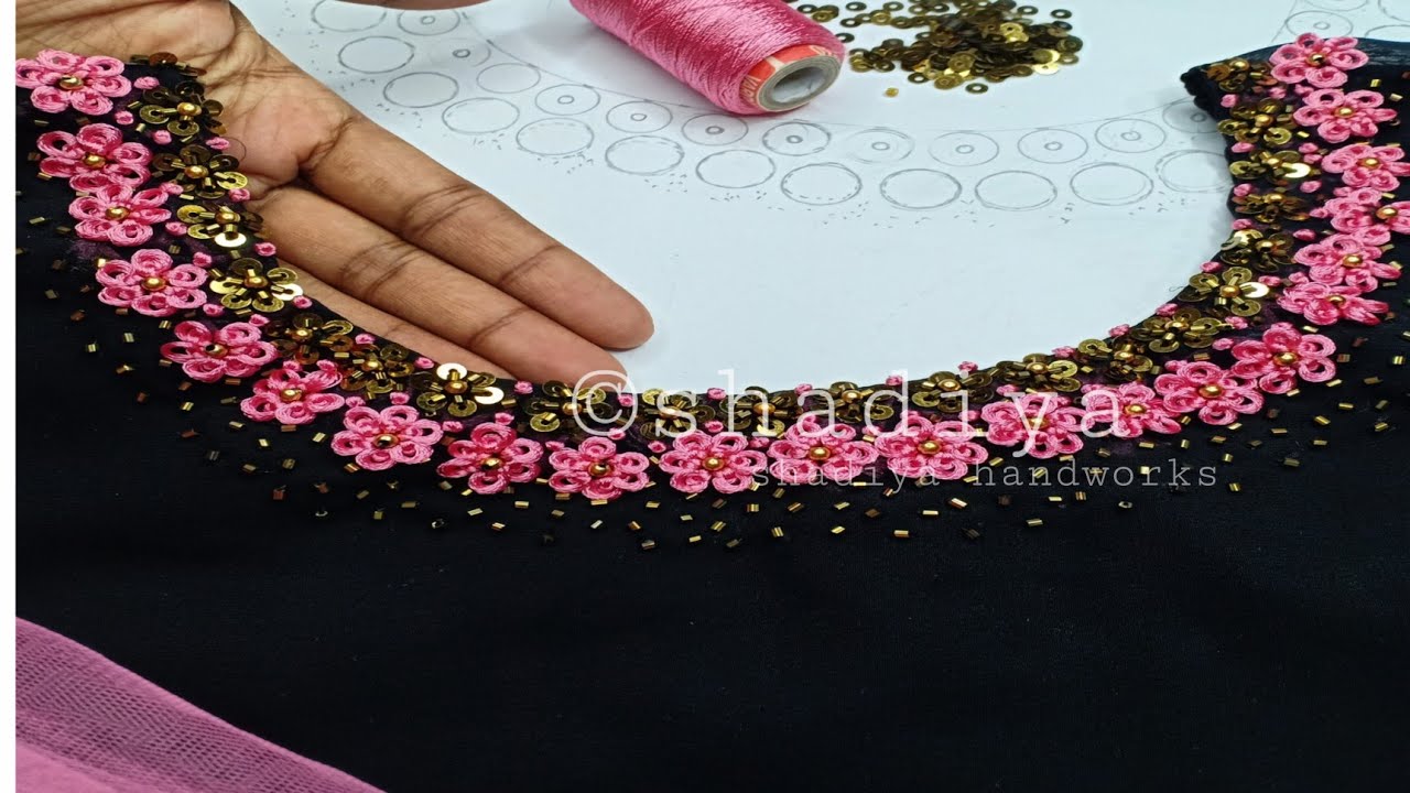 Hand embroidery silk thread ring knot flower neck design for kurti salwar