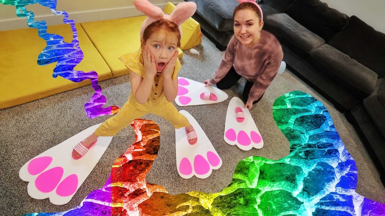 BUNNY FEET Floor is LAVA!! Family Easter Challenges, making Egg Towers, don&rsquo;t drop eggs, kids obby!
