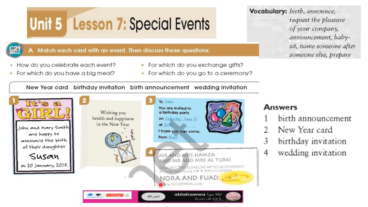 مادة لغة انجليزية اولى ثانوي ليبيا ابلة حوا الوحدة خامسة درس السابع الجزء الاول Special Events