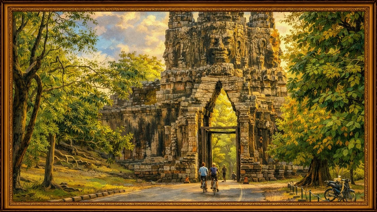 Cycling Through an Ancient Temple Gate | Hidden Jungle Wonder 🌿🏛️ | 4K Framed TV Art Screensaver