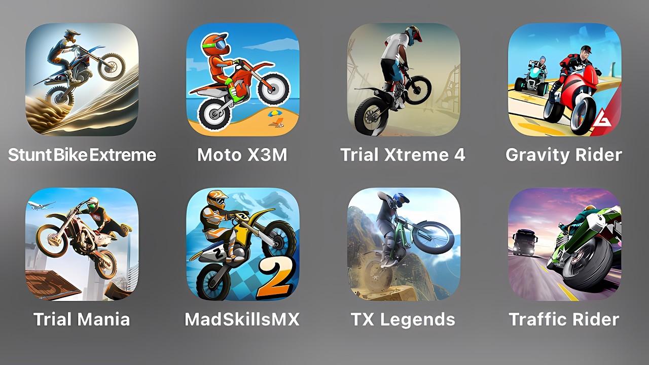 Stunt Bike Extreme, Moto X3M, Trial Xtreme 4, Gravity Rider, Trial Mania, MadSkillsMX, TX Legends, T