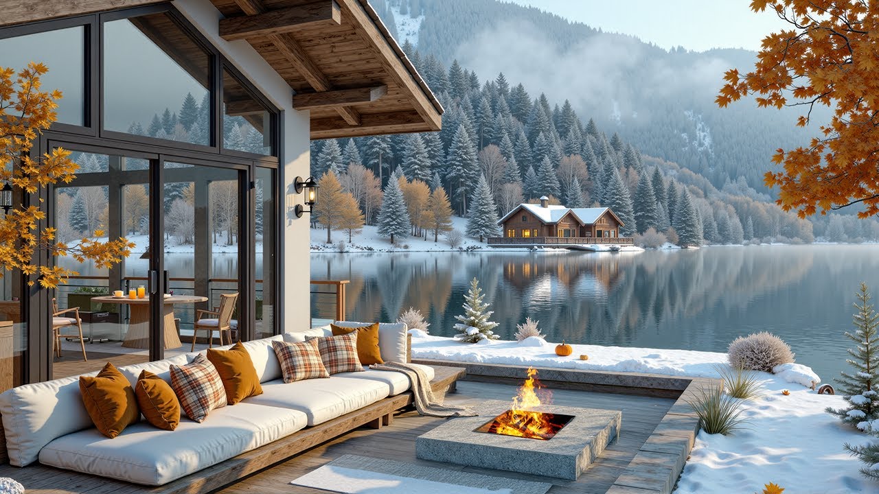 Peaceful Winter Jazz at a Cozy Lake Cabin ❄️ Firelit Terrace Ambience for Reflection