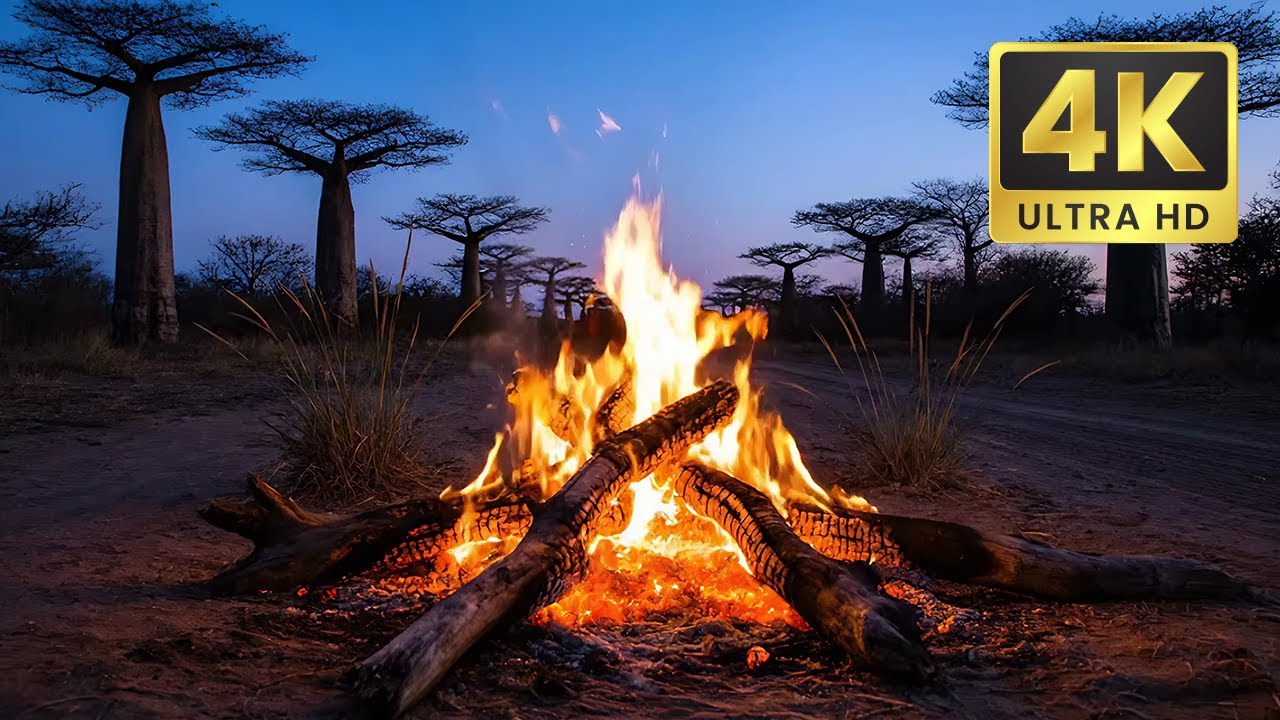 | 4K | Campfire at the Avenue of the Baobabs | Madagascar Night Ambience 2 Hours Pure Fire Crackling