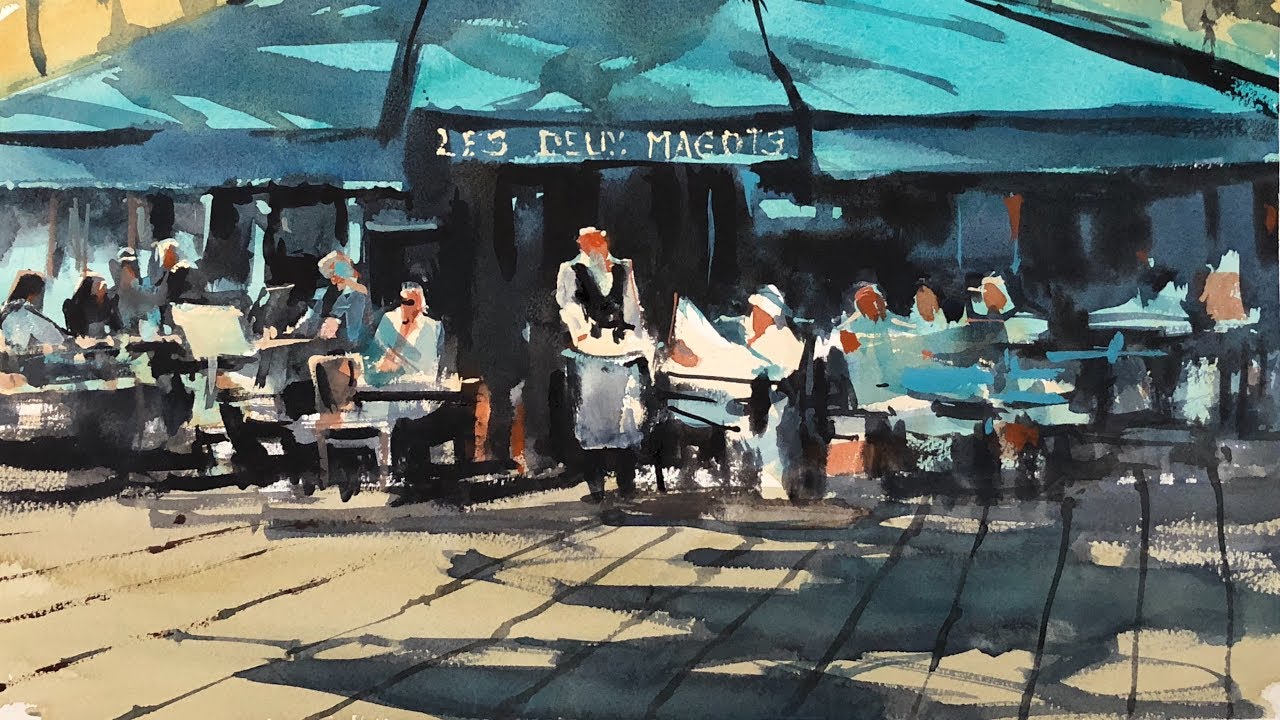 Продвигаемся с акварелью: Cafe Les Deux Magots — мазки кистью