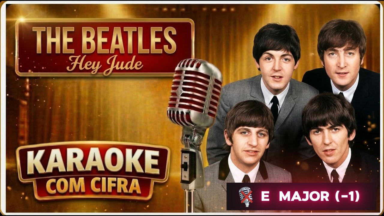 Karaoke Hey Jude -THE BEATLES (-2 Semitones) Backing track with guitar chords on screen - Remastered