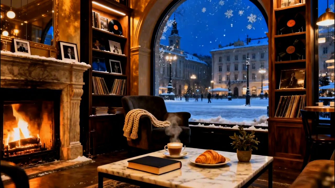 Cozy Bookstore Coffee Shop Jazz ☕ Snow Outside, Warm Piano Inside | Focus & Relax