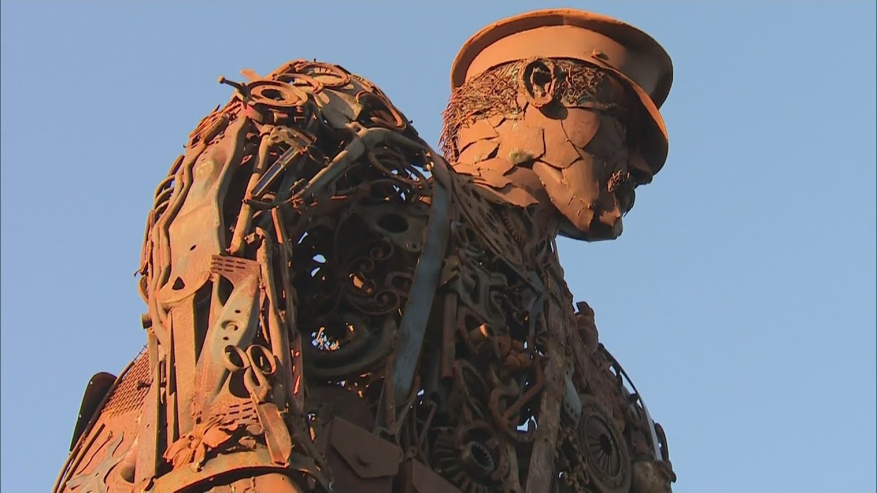 Towering statue of WWI soldier built from scrap metal
