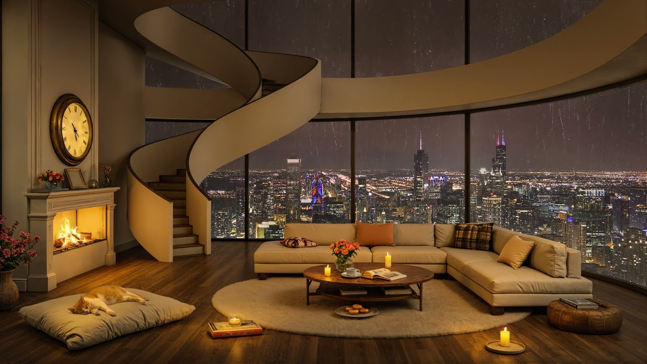 🌧️ Rainy Night Fireplace Jazz 🔥 Cozy Room with City View for Study & Deep Focus