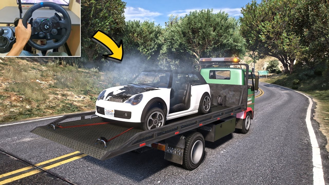 GTA 5 Lets Go To Work As Tow Truck Driver Towing Broken Car - Steering Wheel Gameplay