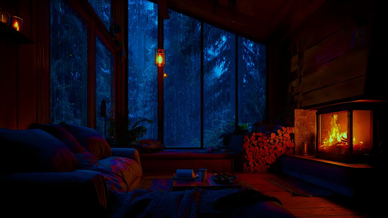 Calming Rain sound for Sleeping - Gentle Rain at Night for Deep Sleep - Rain, Thunder & Fireplace