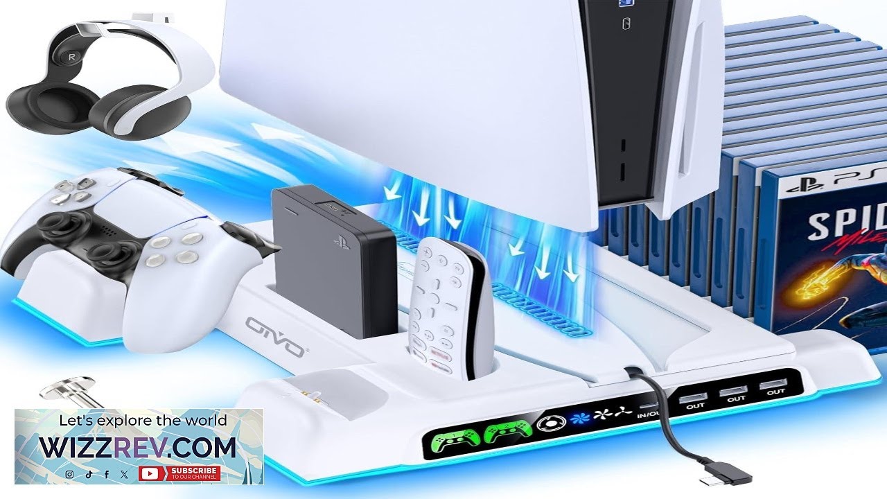 PS5 Slim Pro Stand and Cooling Station with LED Controller Charging Station for PlayStation