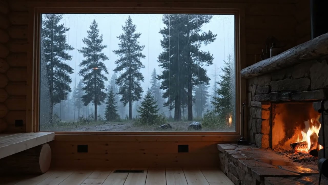 Cozy Rain in a Wooden Cabin  Fireplace Sounds & Pine Forest View | Relax, Sleep, Study