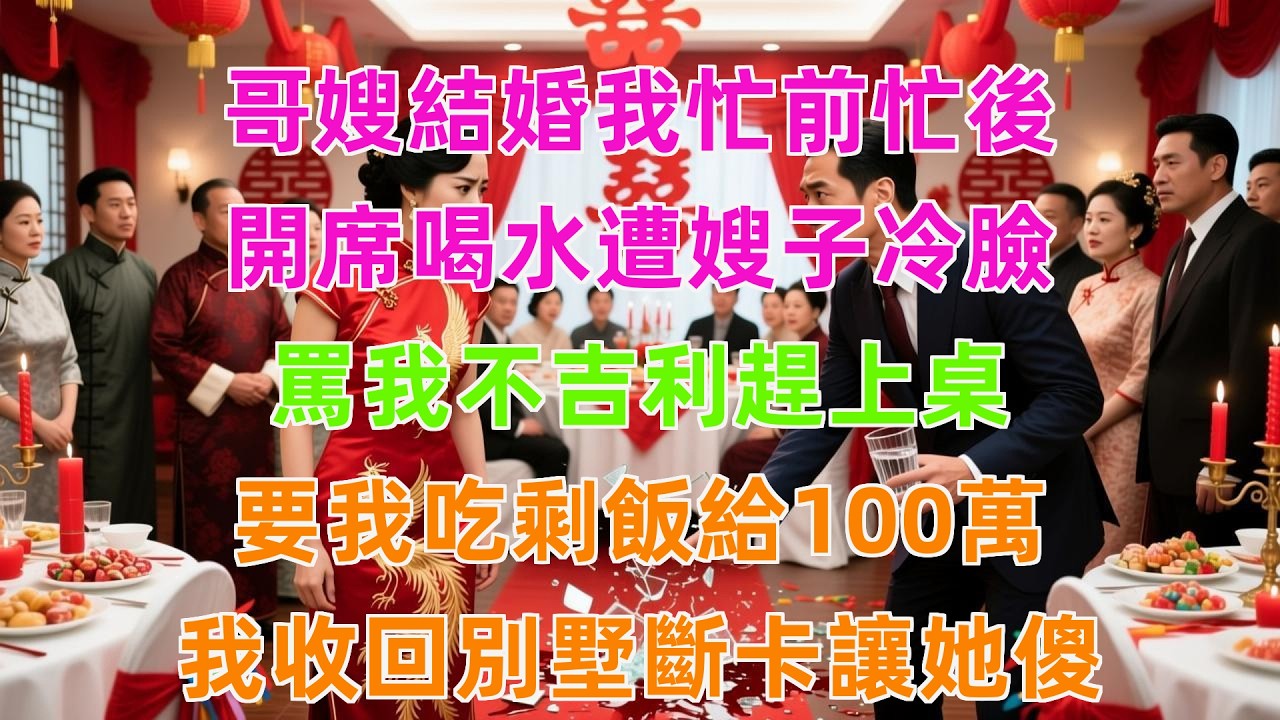 哥嫂結婚我忙前忙後，開席喝水遭嫂子冷臉，罵我不吉利趕上桌，要我吃剩飯給100萬，我收回別墅斷卡讓她傻！