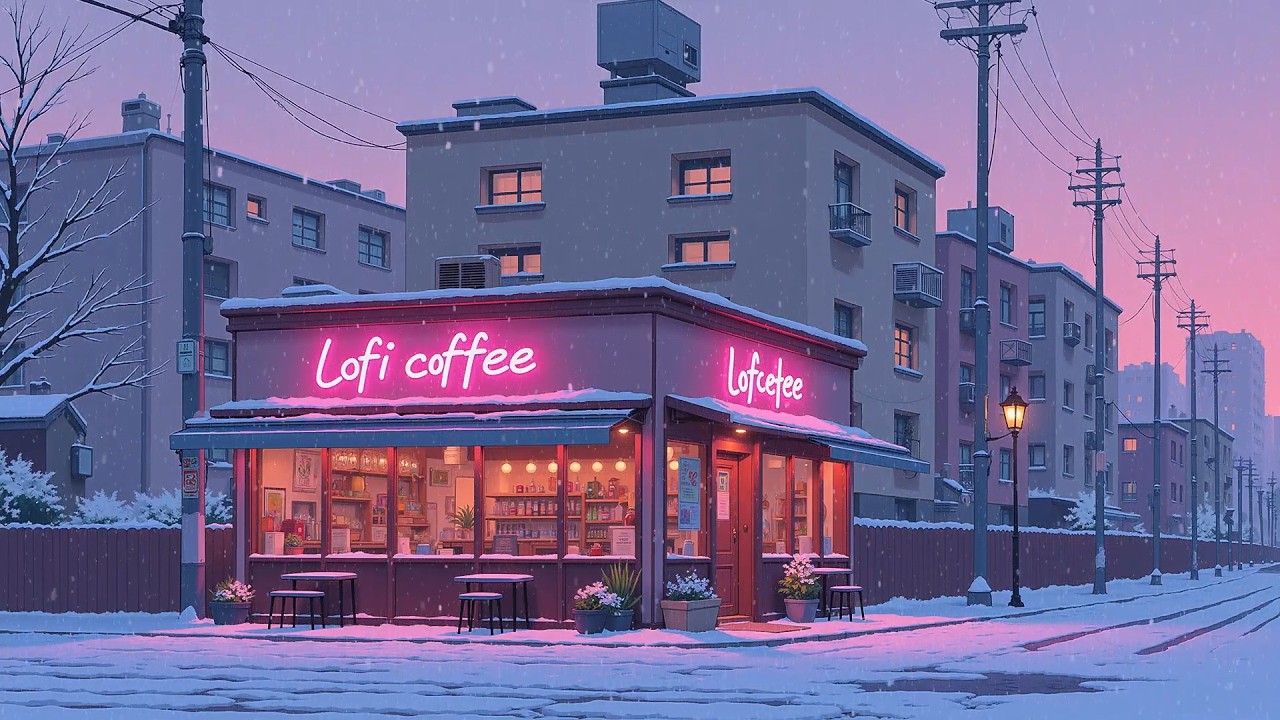 Cozy Winter Lofi Coffee ☕ Snowy Street Café at Sunset ❄️ Soft Beats for Relax, Study & Work.
