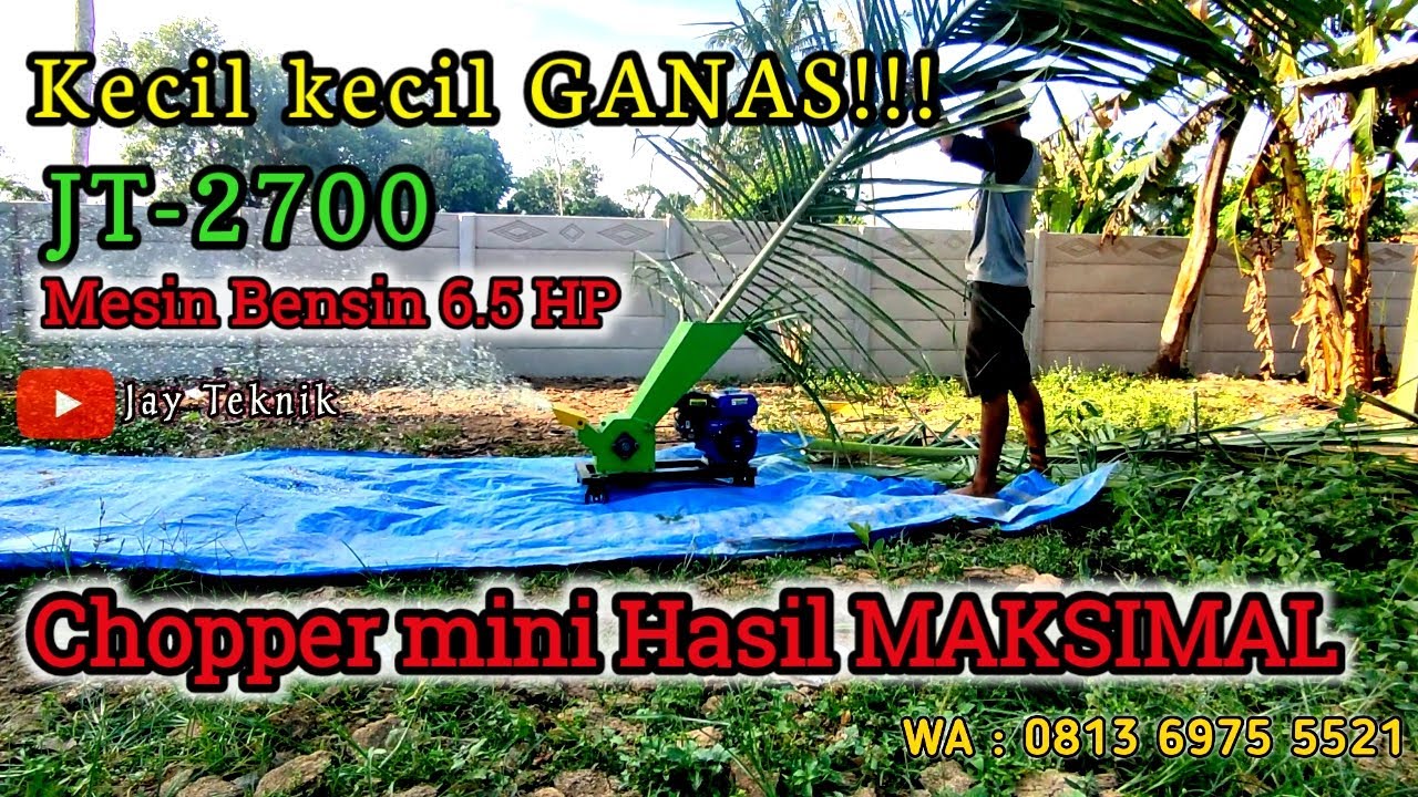 Mencacah pelepah Kelapa dengan mesin cacah rumput JT-2700 mesin bensin 6.5 HP