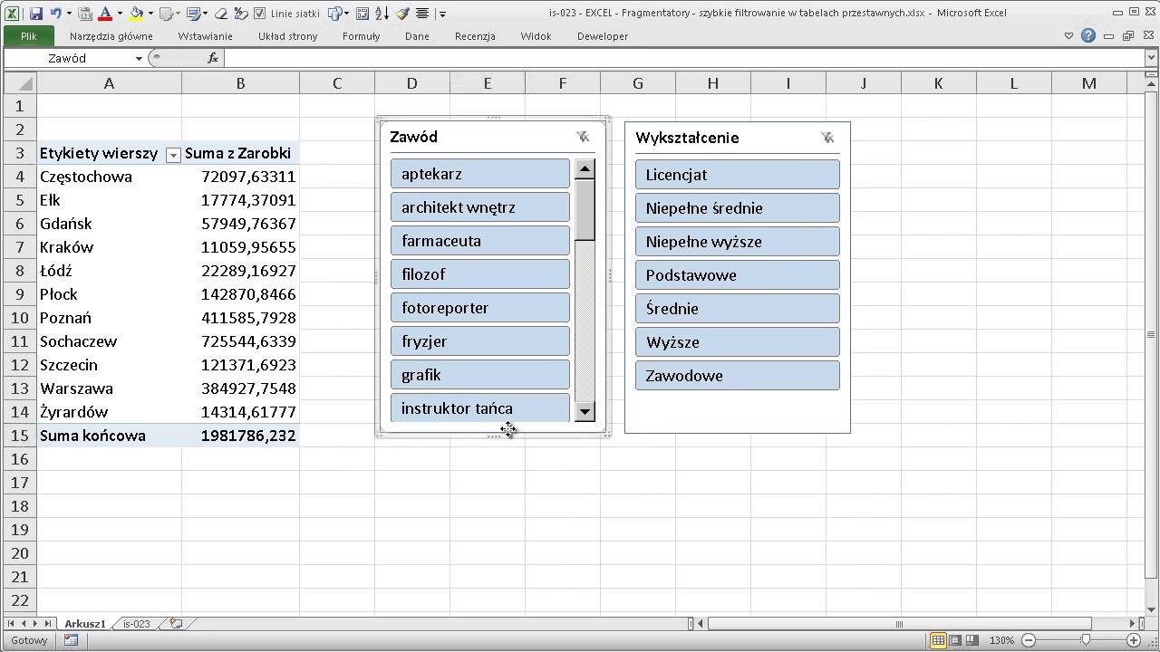 EXCEL - Fragmentatory - szybkie filtrowanie w tabelach przestawnych