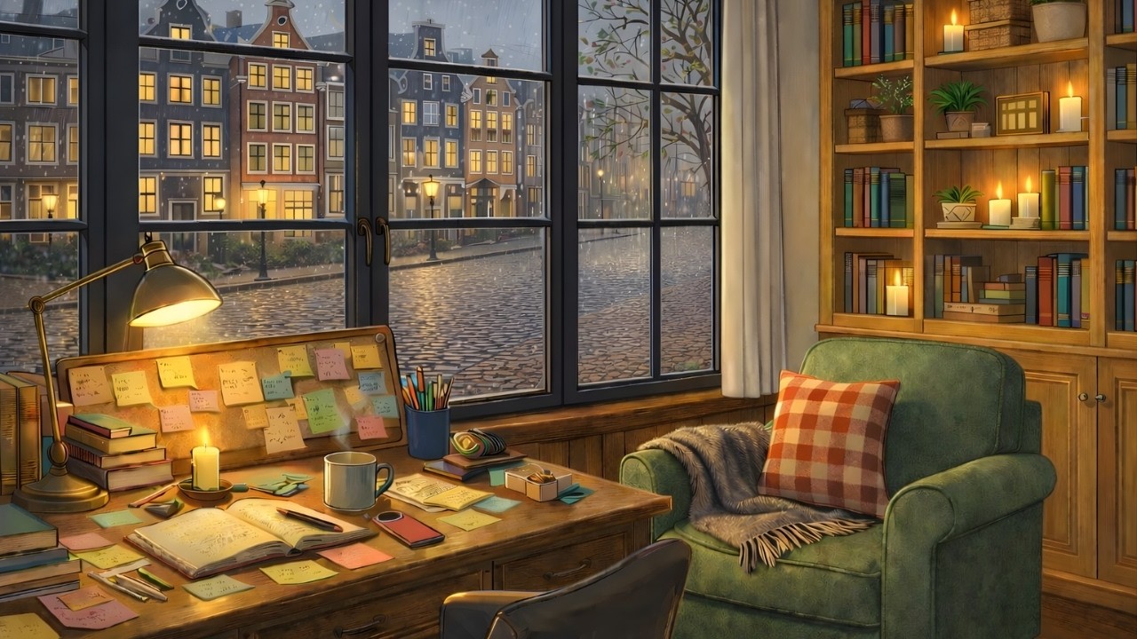 Cozy Rainy Evening Study Room Ambience 🌧️ Warm Lamp Light & Relaxing Rain Sounds for Focus