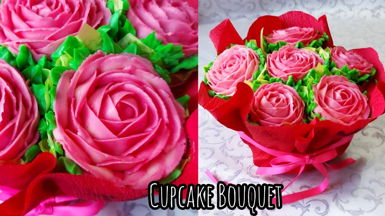 Cupcake Bouquet/Buttercream roses/කප් කේක් බොකේ එකක් හදමු/Piping Roses on cupcakes