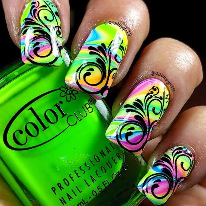 neon fun watermarble + nail stamping Pueen encore