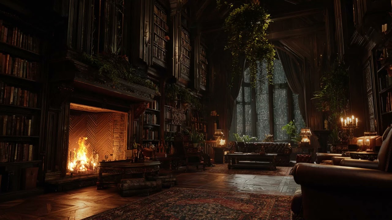 Sleep Well with Heavy Rain Sound & Fireplace in a Cozy Castle Ambience from Insomnia, Stress Relief