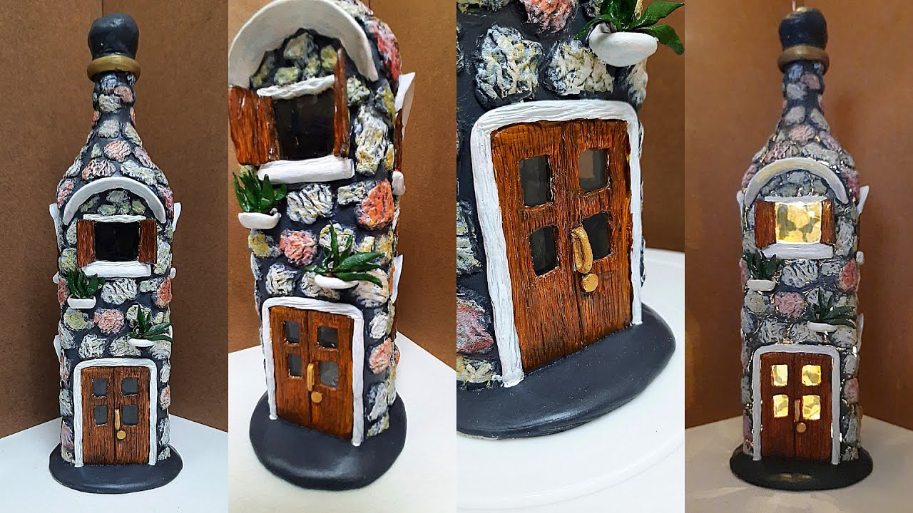 DIY Fairy House Использование стеклянной бутылки и Air Dry глины...