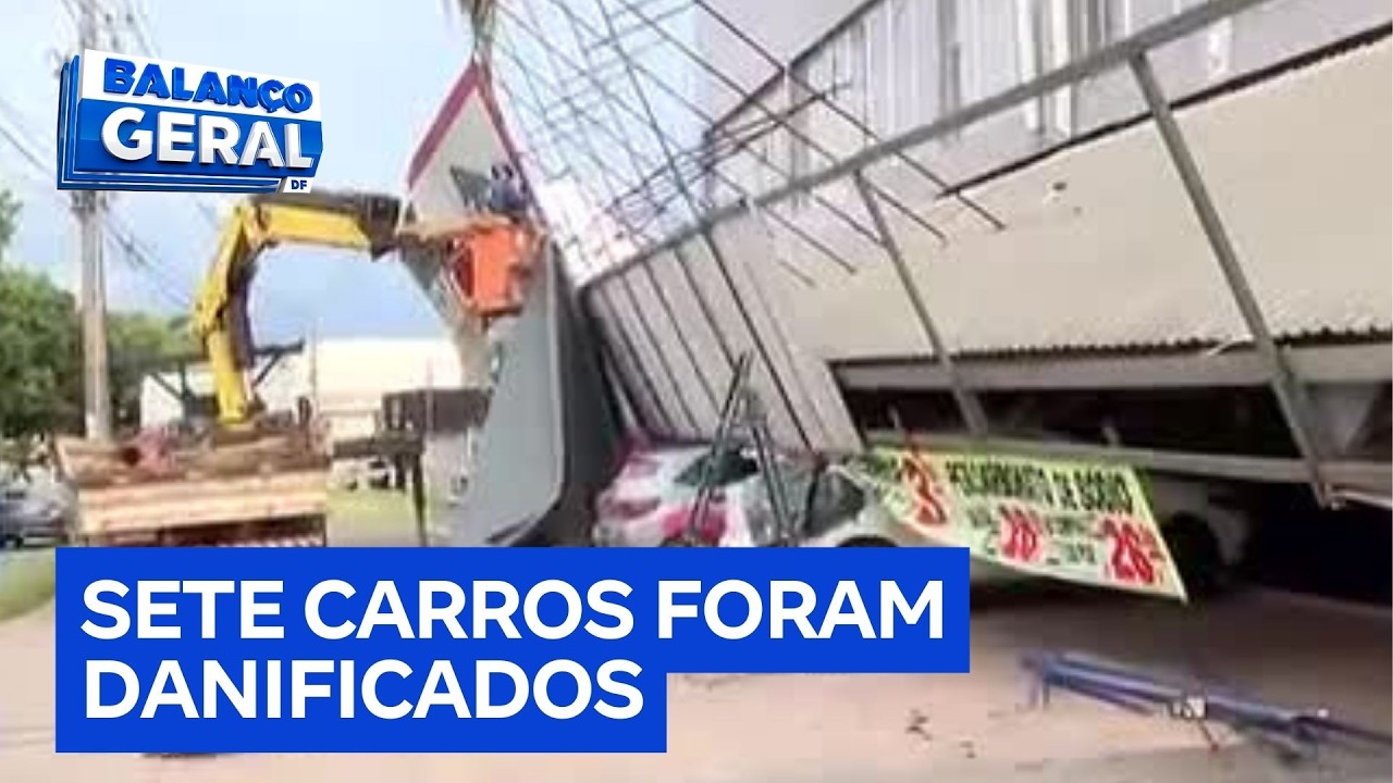 Temporal derruba fachada de comércio e destrói carros em Santa Maria (DF) | Balanço Geral DF