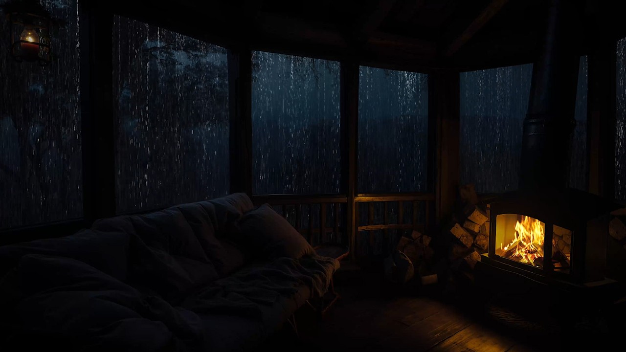 Soft Rain and Fireplace Ambience in a Quiet Cabin Deep in the Forest | Calm and Peaceful Sounds