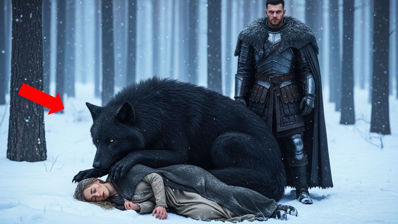 Mourante dans la neige rejetée – Un loup noir la protège