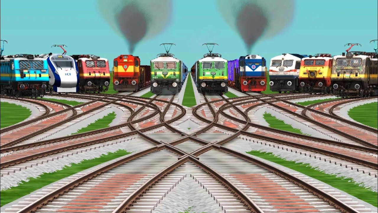 9 Locomotive Trains Crossing By Curved Railroad Tracks | train gameplay | train simulator classic 