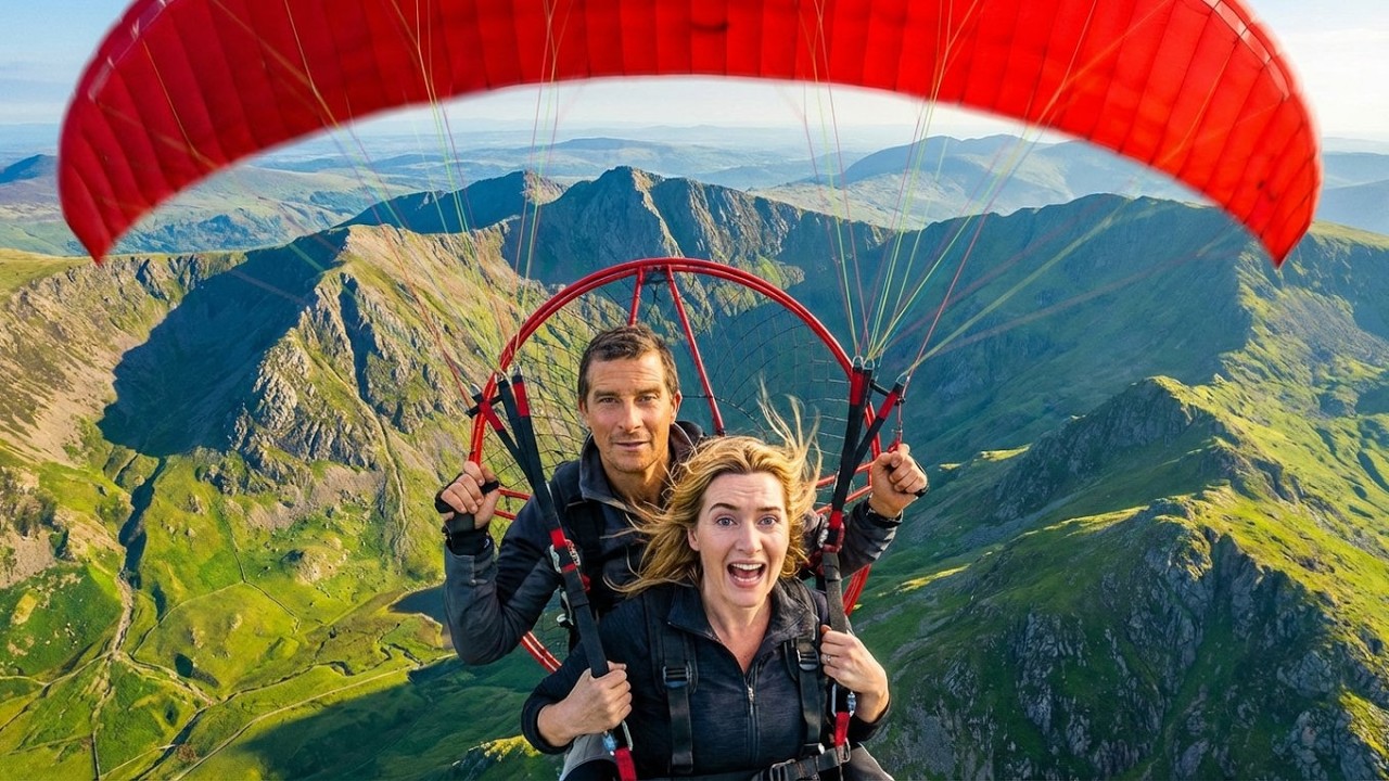 Bear Grylls & Kate Winslet Parachute Snowdonia - Running Wild