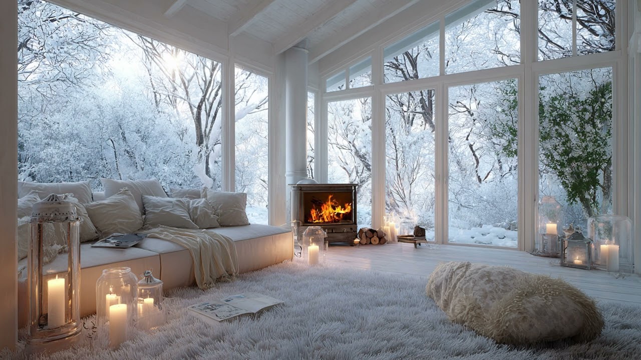 Winter Glasshouse Retreat | Soft Fireplace Light, Snow-Covered Trees & Deep Relaxing