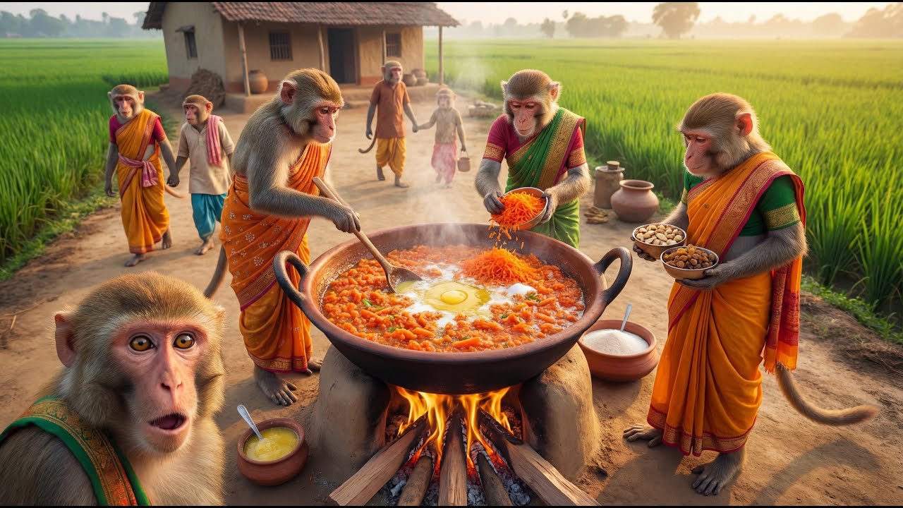 🐒 Monos cocinan Gajar Ka Halwa 🥕🔥 | Postre indio preparado por monos