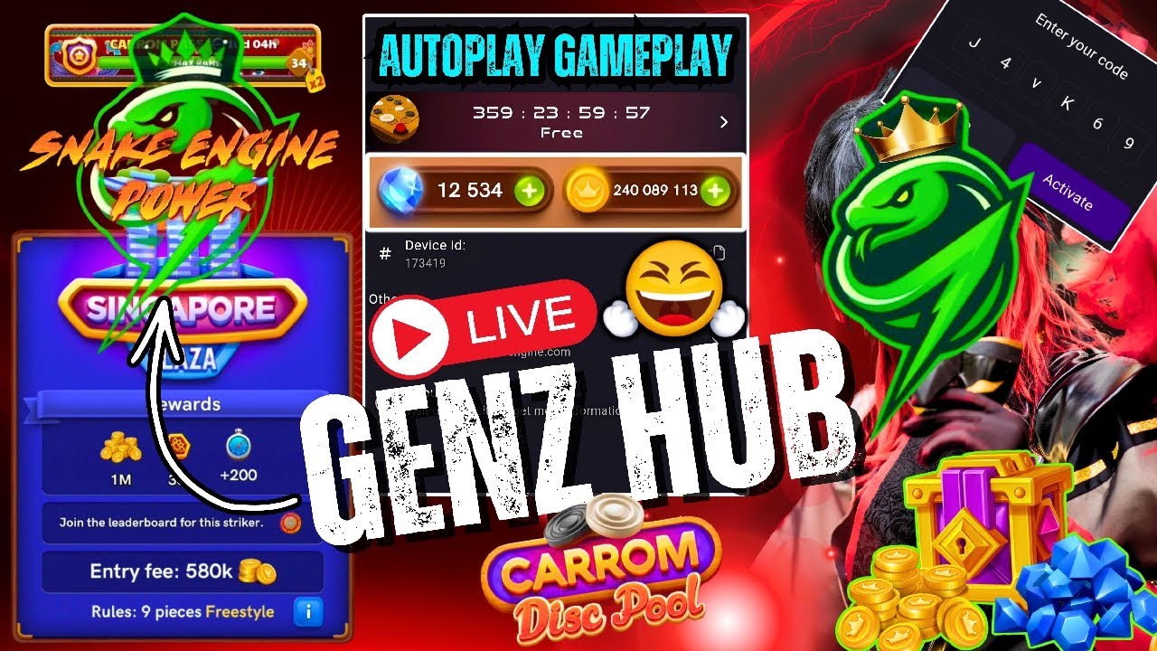Free Coins Giveaway Subscribers💰😱|| Snake Engine Autoplay Gameplay🐍⚠️|| #genzhublive#carrom